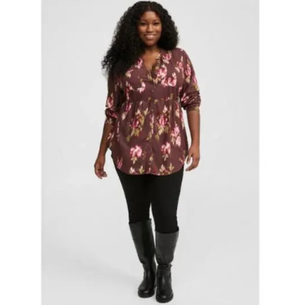 Torrid Brown & Pink Floral Emma Babydoll Tunic Blouse